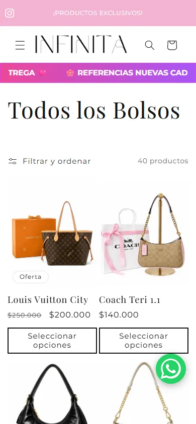 Catálogo de bolsos de la tienda online de Infinita visto en celular