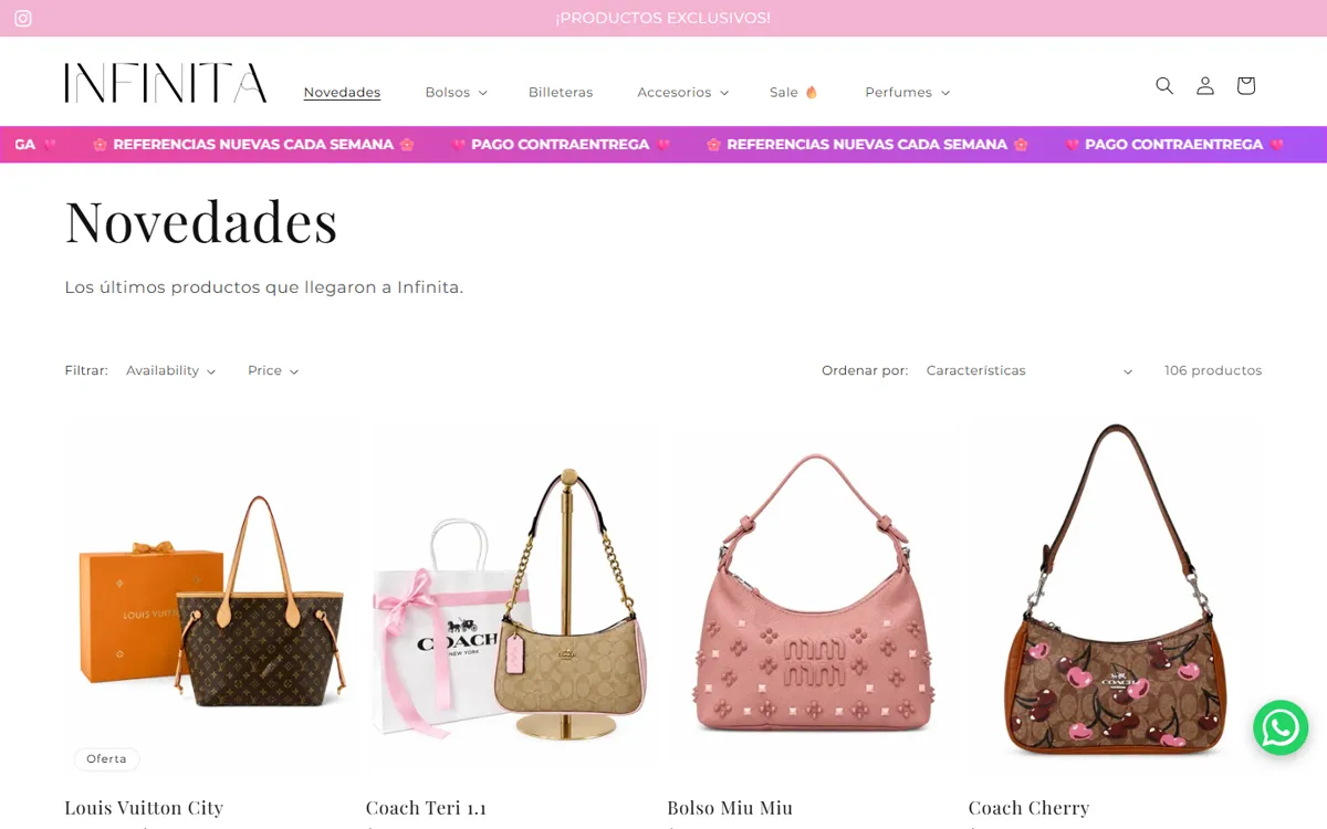 Sección de novedades de la tienda online de Infinita vista en computador