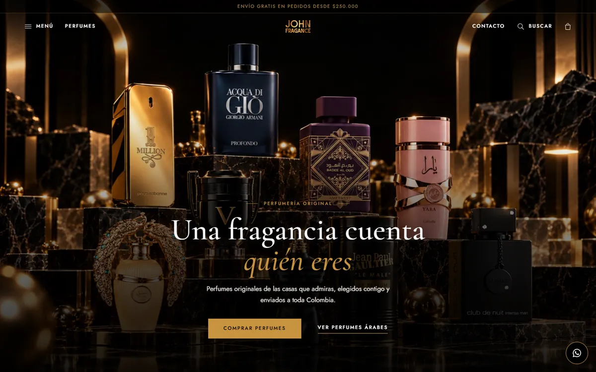 Página de inicio de la tienda online de John Fragance vista en computador