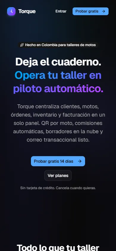 Torque, CRM para talleres de motos, visto en celular