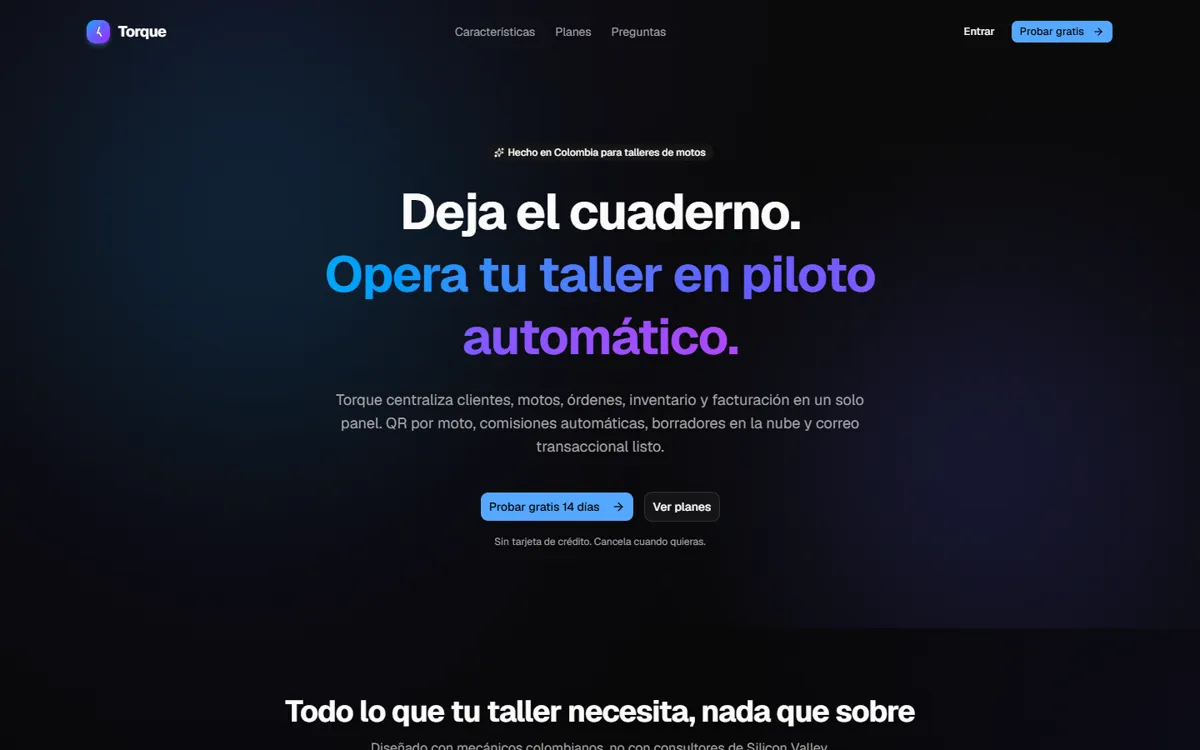 Panel de Torque, CRM para talleres de motos, visto en computador